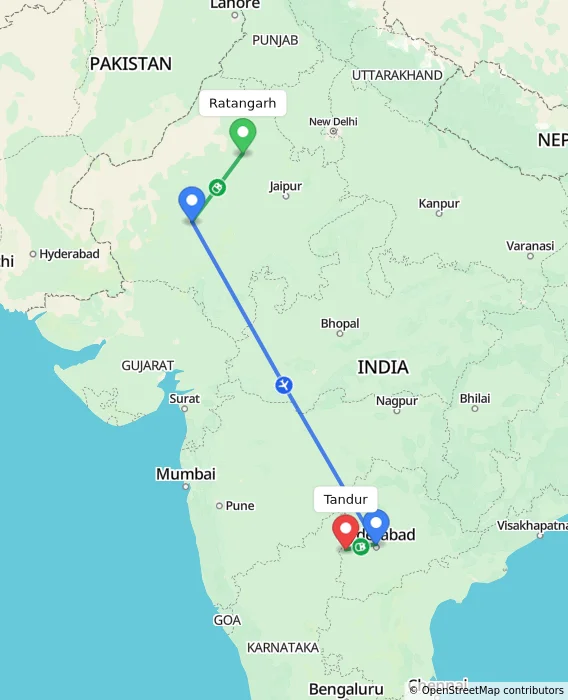 Route map showing distance and travel time from Ratangarh, India to Tandur, India