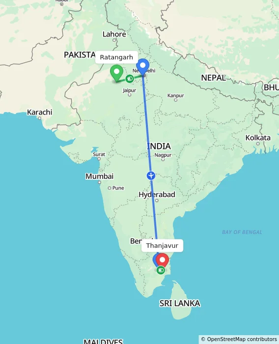 Route map showing distance and travel time from Ratangarh, India to Thanjavur, India