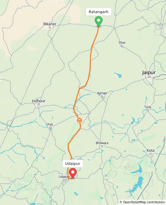Route map showing distance and travel time from Ratangarh, India to Udaipur, India