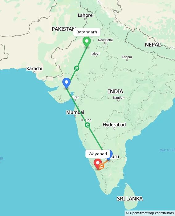 Route map showing distance and travel time from Ratangarh, India to Wayanad, India