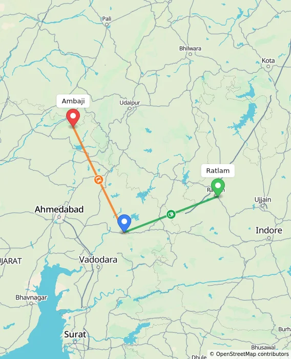 Route map showing distance and travel time from Ratlam, India to Ambaji, India