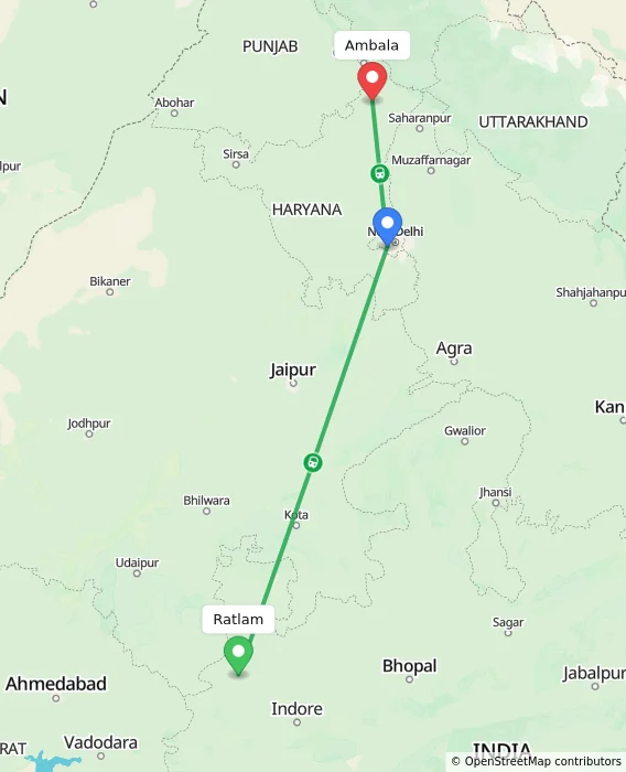 Route map showing distance and travel time from Ratlam, India to Ambala, India