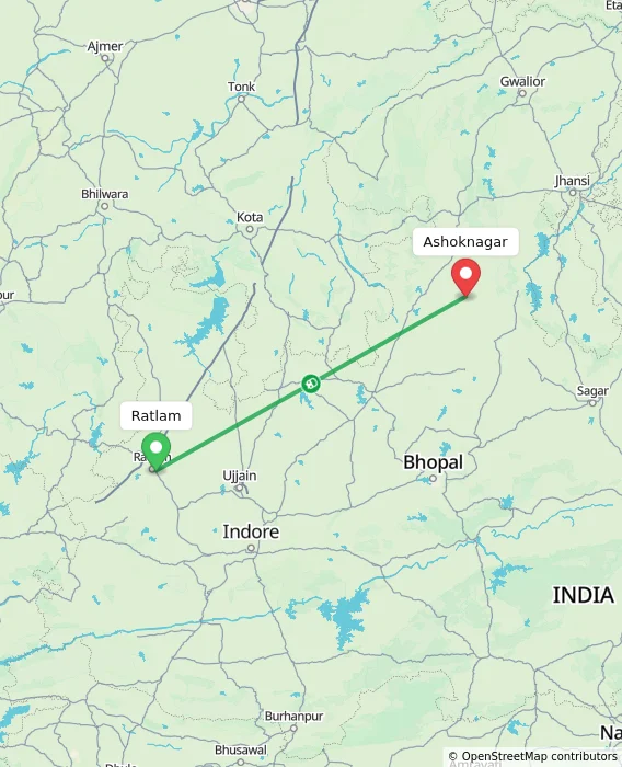 Route map showing distance and travel time from Ratlam, India to Ashoknagar, India
