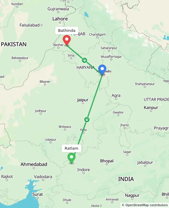 Route map showing distance and travel time from Ratlam, India to Bathinda, India