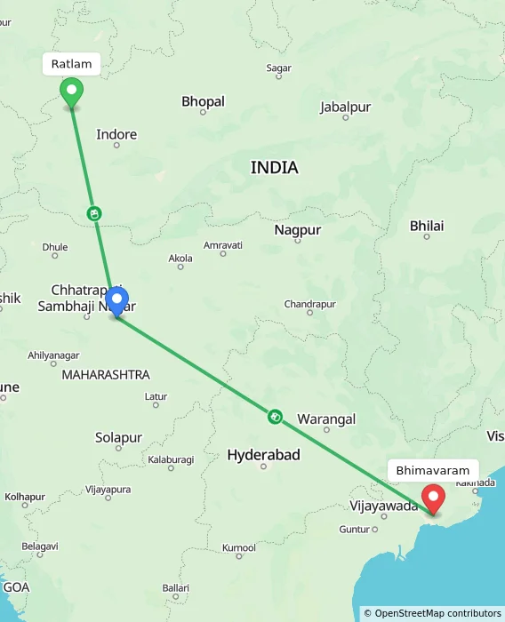 Route map showing distance and travel time from Ratlam, India to Bhimavaram, India