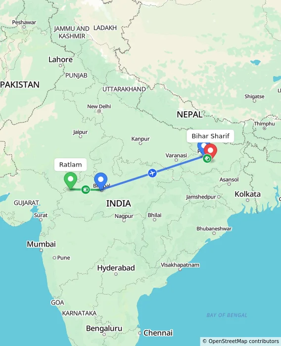 Route map showing distance and travel time from Ratlam, India to Bihar Sharif, India