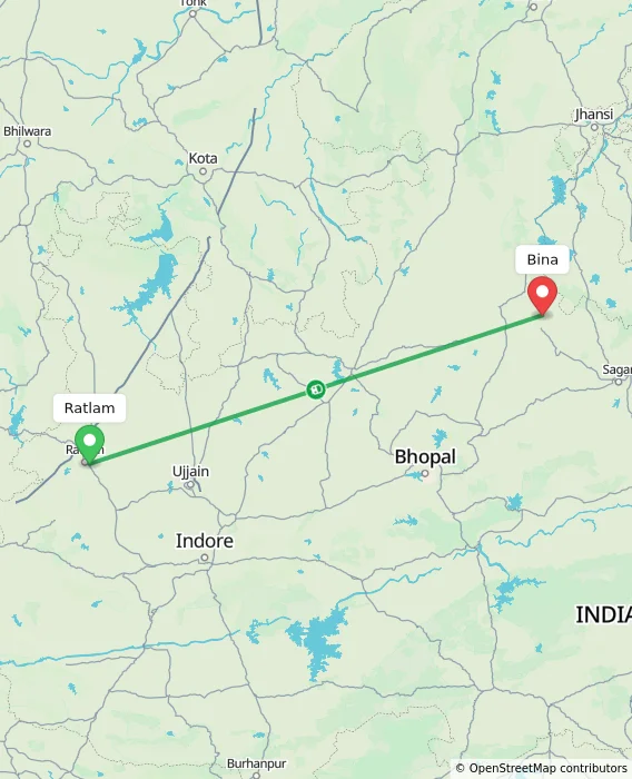 Route map showing distance and travel time from Ratlam, India to Bina, India