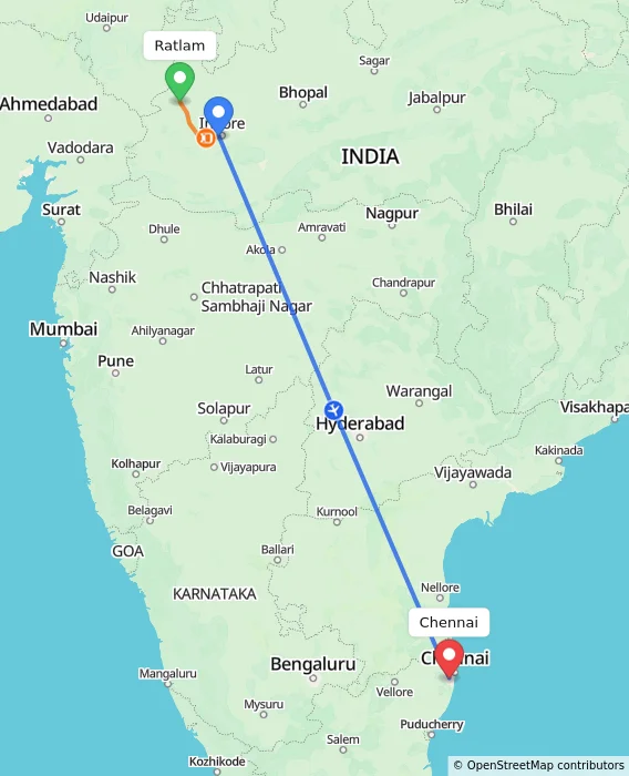 Route map showing distance and travel time from Ratlam, India to Chennai, India