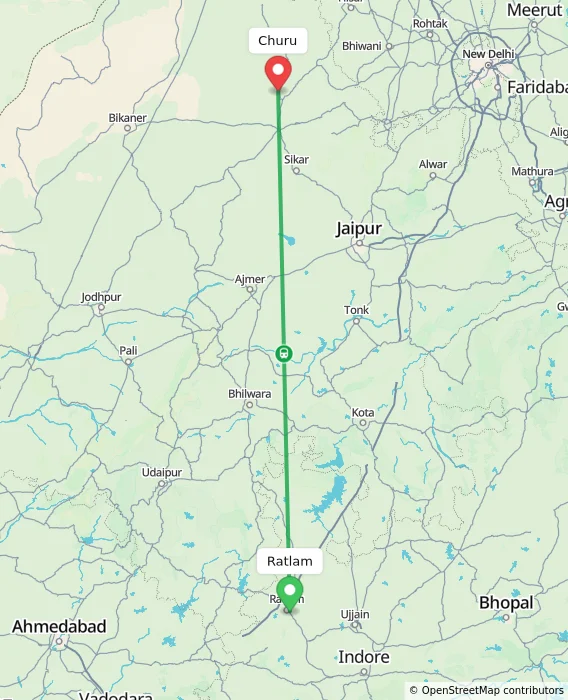 Route map showing distance and travel time from Ratlam, India to Churu, India