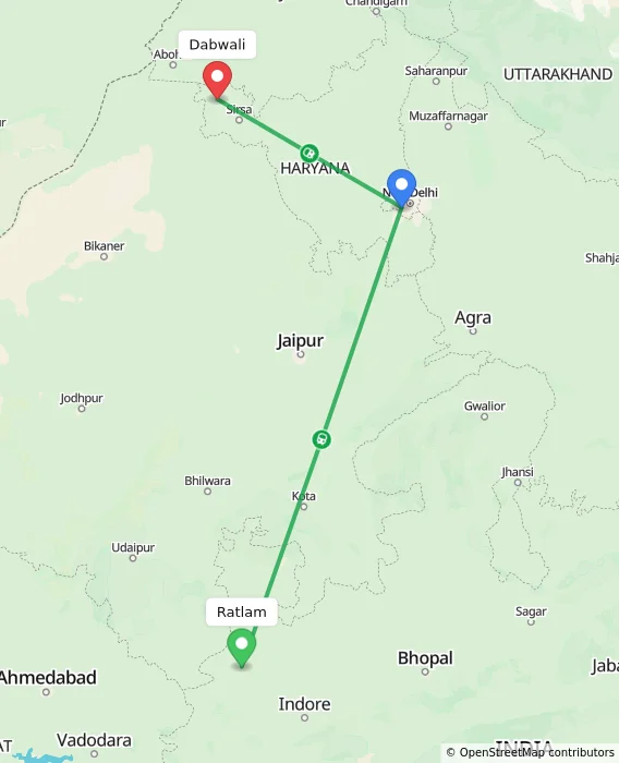 Route map showing distance and travel time from Ratlam, India to Dabwali, India