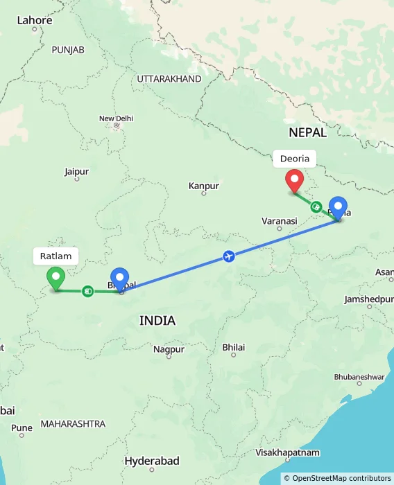 Route map showing distance and travel time from Ratlam, India to Deoria, India