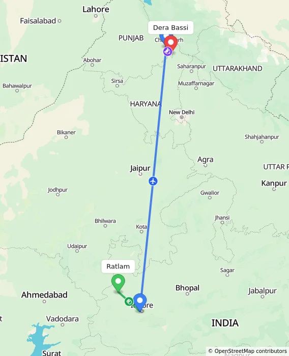 Route map showing distance and travel time from Ratlam, India to Dera Bassi, India