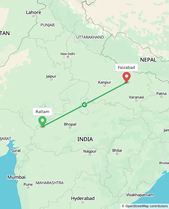 Route map showing distance and travel time from Ratlam, India to Faizabad, India