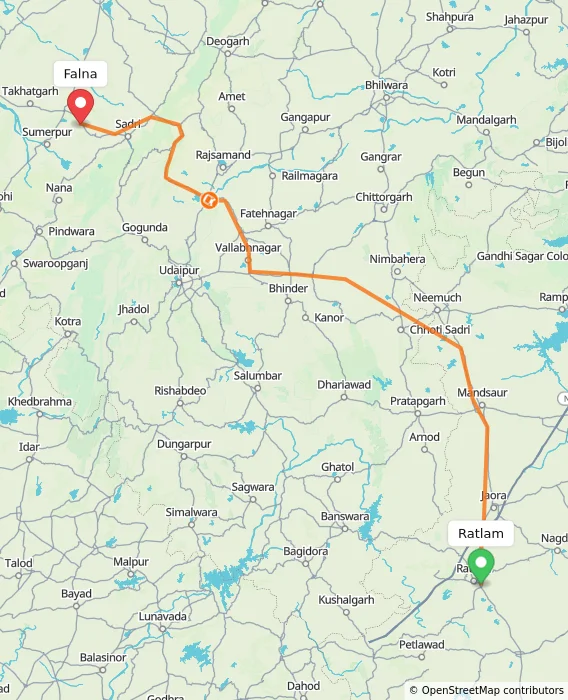 Route map showing distance and travel time from Ratlam, India to Falna, India