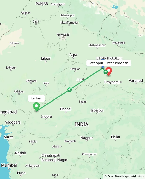 Route map showing distance and travel time from Ratlam, India to Fatehpur, Uttar Pradesh, India