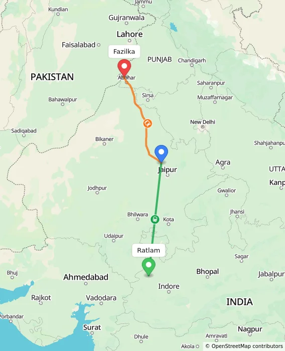 Route map showing distance and travel time from Ratlam, India to Fazilka, India