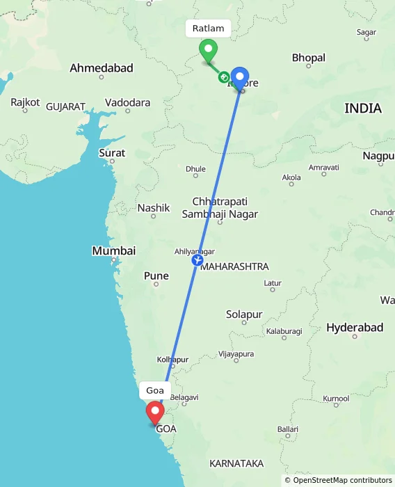 Route map showing distance and travel time from Ratlam, India to Goa, India