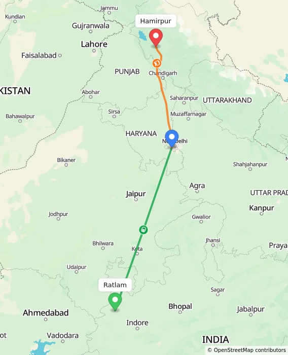 Route map showing distance and travel time from Ratlam, India to Hamirpur, India