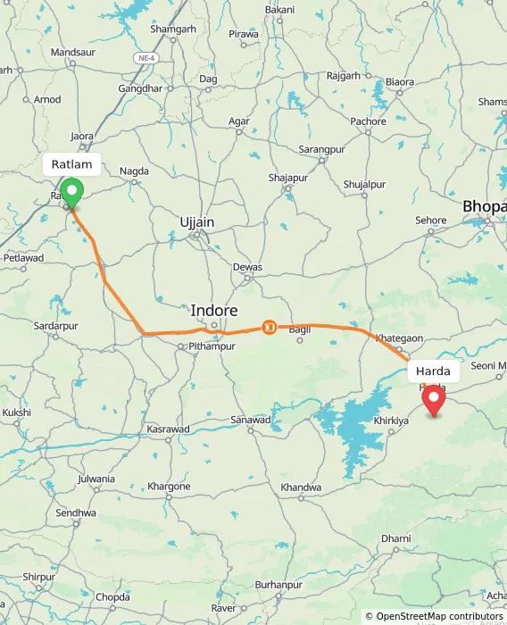 Route map showing distance and travel time from Ratlam, India to Harda, India