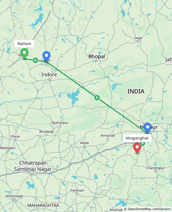 Route map showing distance and travel time from Ratlam, India to Hinganghat, India