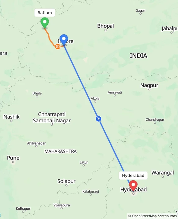 Route map showing distance and travel time from Ratlam, India to Hyderabad, India
