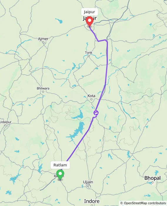 Route map showing distance and travel time from Ratlam, India to Jaipur, India