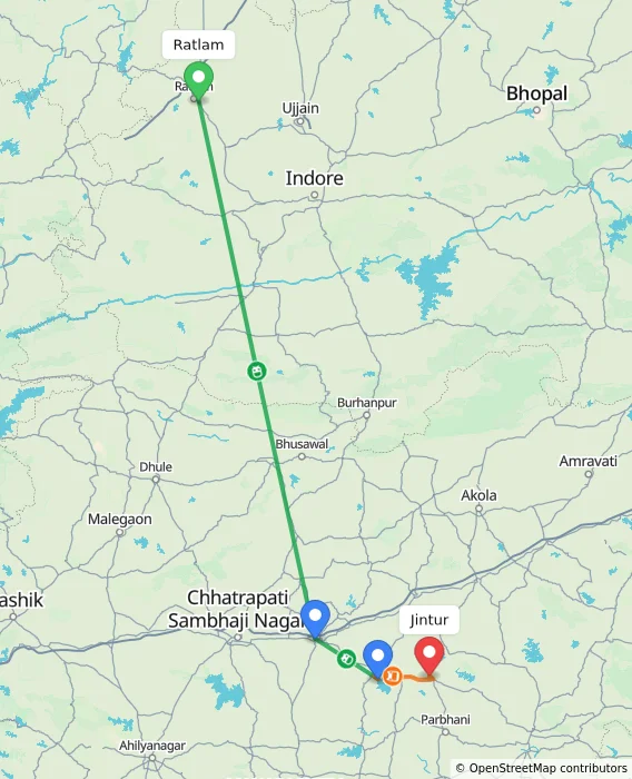 Route map showing distance and travel time from Ratlam, India to Jintur, India