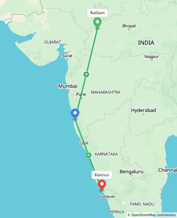 Route map showing distance and travel time from Ratlam, India to Kannur, India