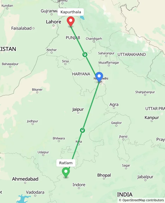 Route map showing distance and travel time from Ratlam, India to Kapurthala, India