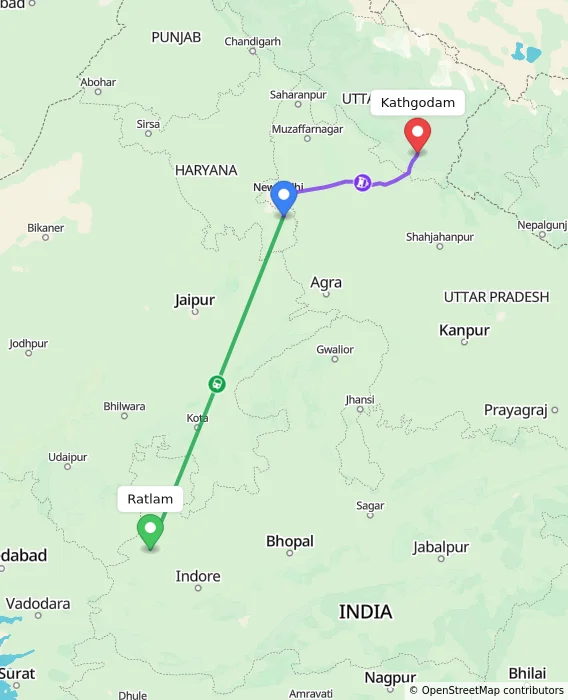 Route map showing distance and travel time from Ratlam, India to Kathgodam, India