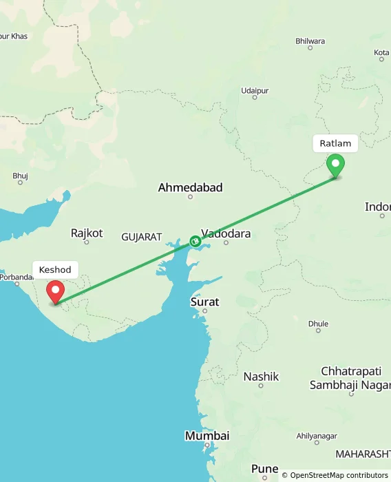 Route map showing distance and travel time from Ratlam, India to Keshod, India