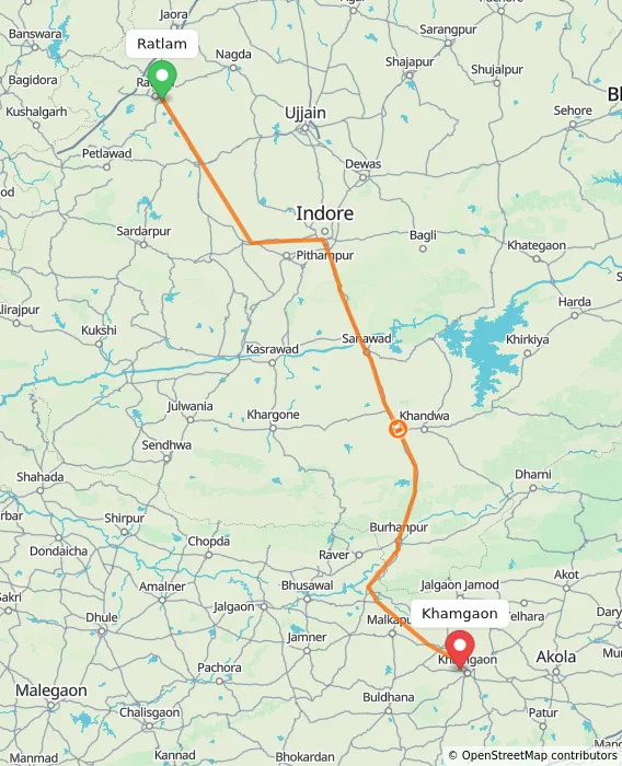 Route map showing distance and travel time from Ratlam, India to Khamgaon, India