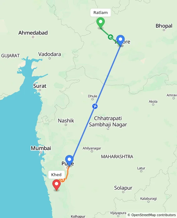 Route map showing distance and travel time from Ratlam, India to Khed, India