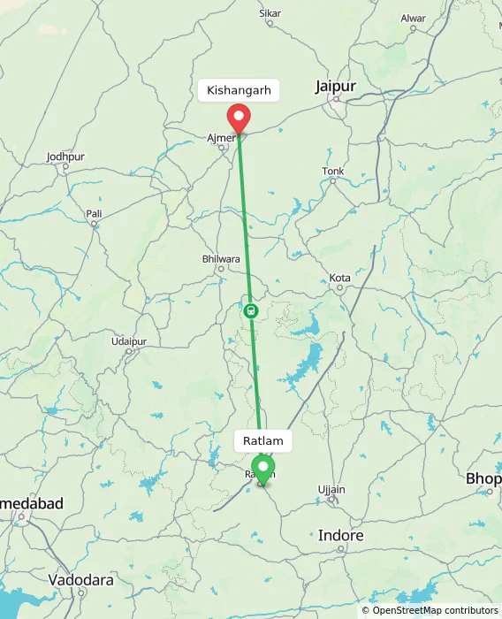 Route map showing distance and travel time from Ratlam, India to Kishangarh, India