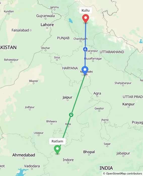 Route map showing distance and travel time from Ratlam, India to Kullu, India