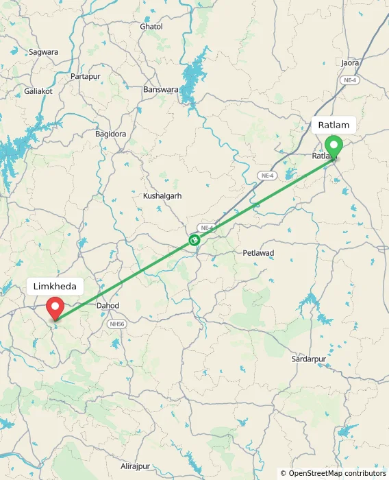Route map showing distance and travel time from Ratlam, India to Limkheda, India