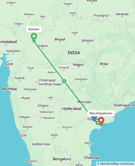 Route map showing distance and travel time from Ratlam, India to Machilipatnam, India