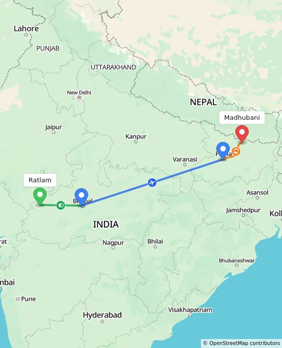 Route map showing distance and travel time from Ratlam, India to Madhubani, India