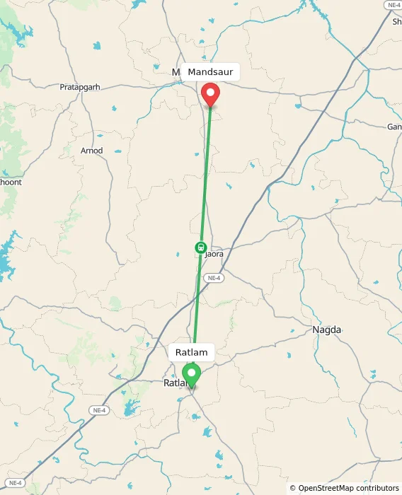 Route map showing distance and travel time from Ratlam, India to Mandsaur, India