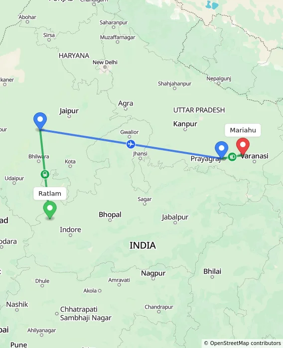Route map showing distance and travel time from Ratlam, India to Mariahu, India