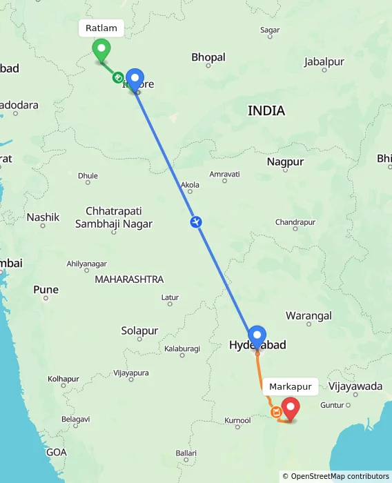 Route map showing distance and travel time from Ratlam, India to Markapur, India