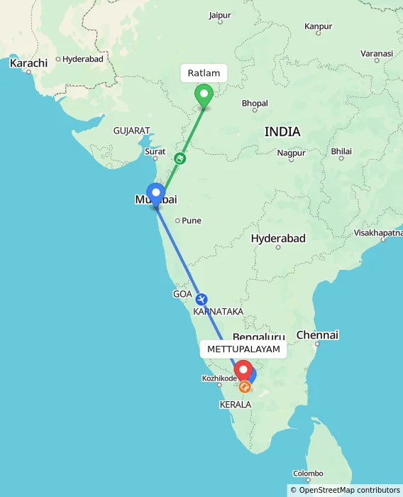 Route map showing distance and travel time from Ratlam, India to METTUPALAYAM, India