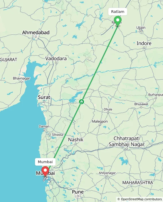Route map showing distance and travel time from Ratlam, India to Mumbai, India
