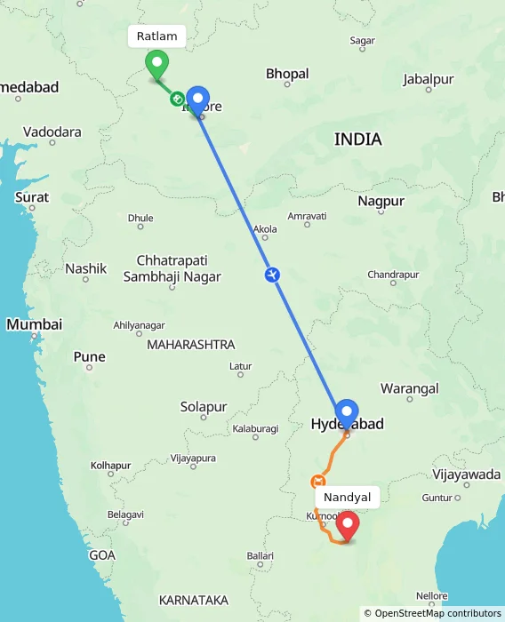Route map showing distance and travel time from Ratlam, India to Nandyal, India