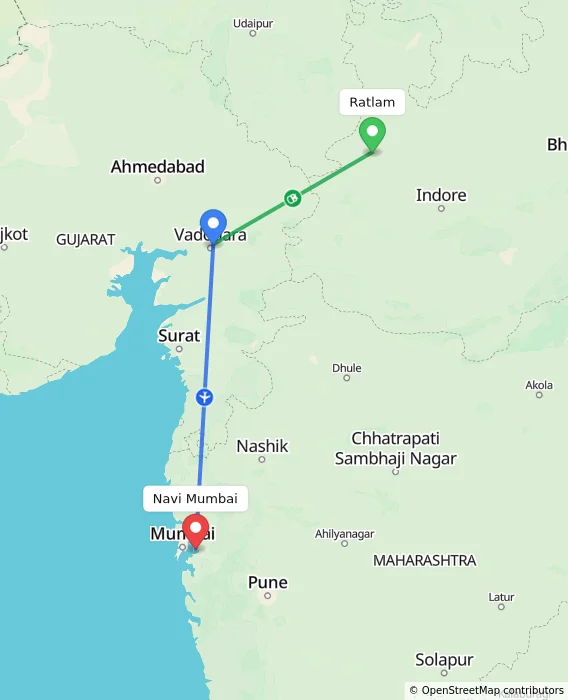 Route map showing distance and travel time from Ratlam, India to Navi Mumbai, India