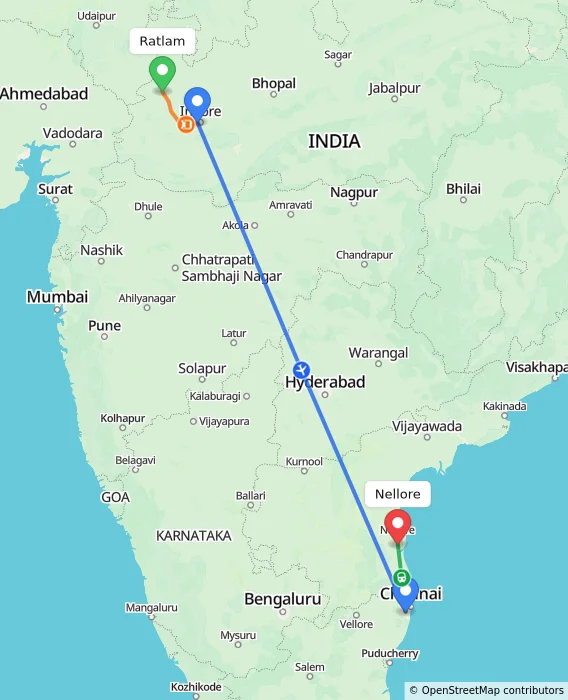 Route map showing distance and travel time from Ratlam, India to Nellore, India
