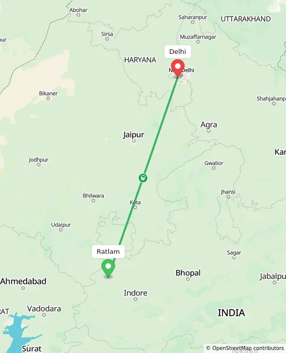Route map showing distance and travel time from Ratlam, India to Delhi, India