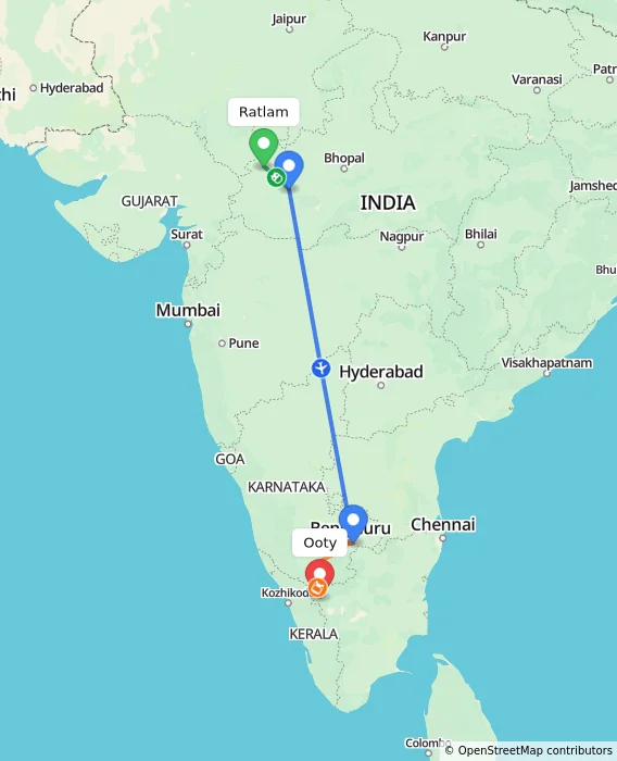 Route map showing distance and travel time from Ratlam, India to Ooty, India