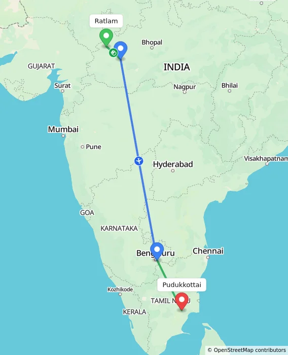 Route map showing distance and travel time from Ratlam, India to Pudukkottai, India