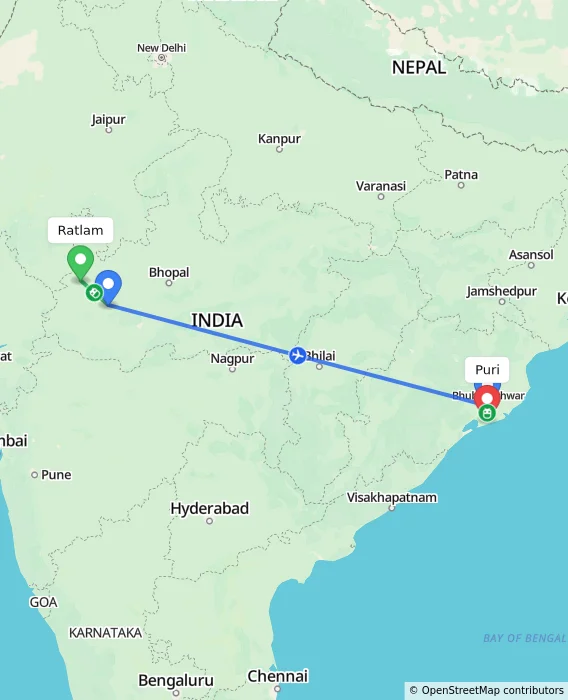 Route map showing distance and travel time from Ratlam, India to Puri, India